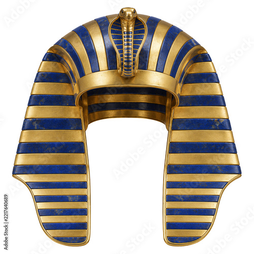 Ancient egyptian pharaoh nemes headdress with uraeus cobra and blue gold stripes isolated