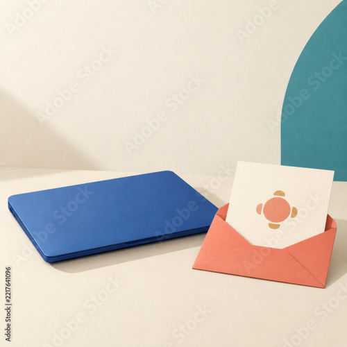 Closed blue laptop beside a blank gathering invitation