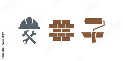 Construction hard hat brick wall paint roller flat icon set.