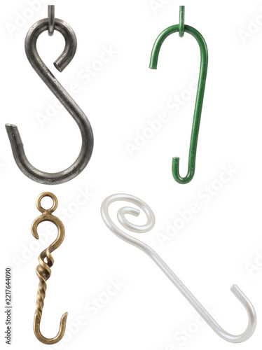 A collection of assorted Christmas ornament hooks in varied styles, finishes, and materials for hanging holiday baubles.