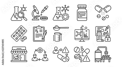 Line style icons of pharmaceutical research, drug development, prescription, dosage and medication safety on transparent background