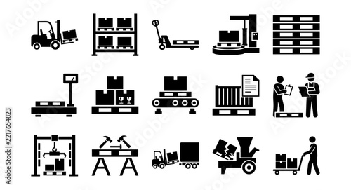 Filled warehouse logistics and packaging icons including forklift, pallets, conveyor, scale, workers, and packing tools on transparent background