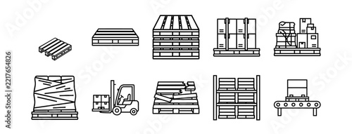 Warehouse logistics icon set with pallets, boxes, forklift, conveyor, shelving, and packaging line art on transparent background