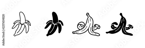 Set of peeled banana icons in outline and filled styles on transparent background