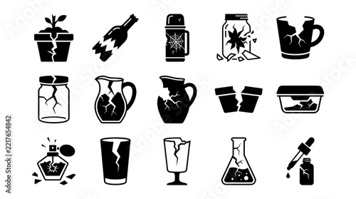 Set of broken container and glass icons including flowerpot, bottle, jar, thermos, cup, pitcher, glass, pot, perfume, flask, and dropper with cracks and damage on transparent background