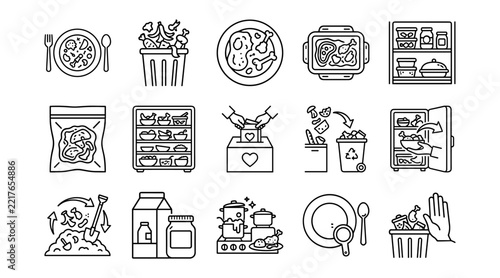 Set of food waste management and kitchen icons including plate with food, trash bin, cooking pots, refrigeration, donation box on transparent background