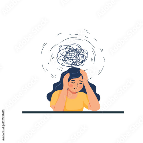 Anxious young woman holding head with tangled thoughts and mess in mind vector illustration