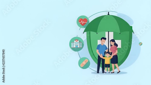 Family Health Insurance Concept with Shield and Umbrella Protection Vector Illustration