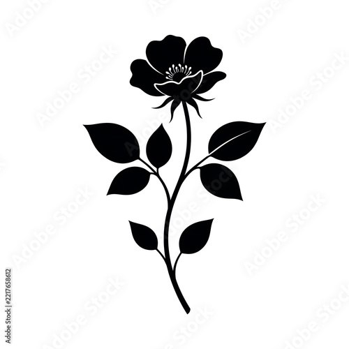Elegant black rose silhouette with leaves on white background