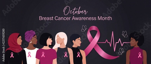 October breast cancer awareness month banner with diverse women and pink ribbon pulse vector illustration