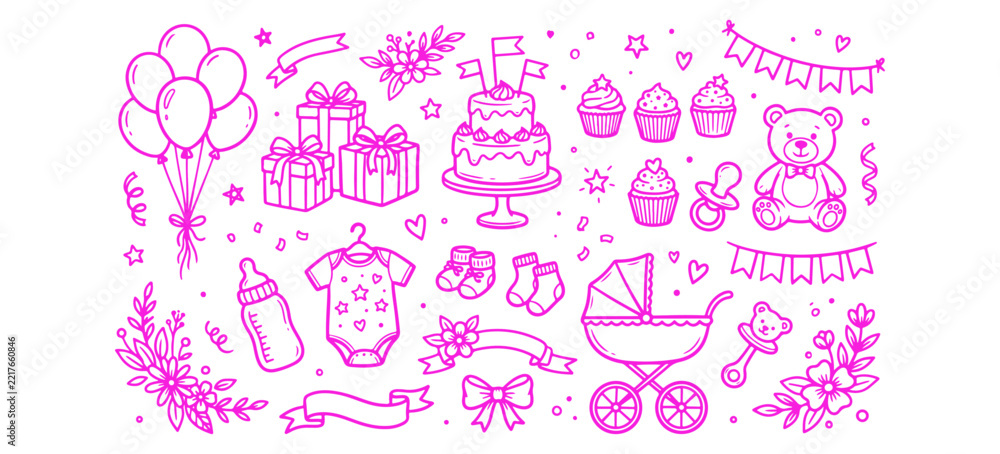 Fototapeta premium Baby Shower Celebration Party Doodle Collection with Balloons Gifts Baby Bottles Cakes Toys Clothes Flowers and Cute Nursery Decorations