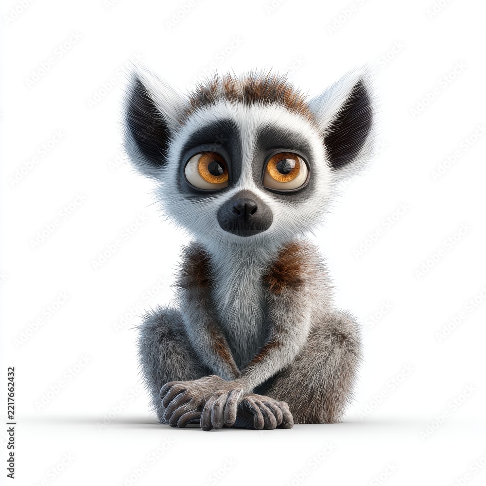 Fototapeta premium Cute Cartoon Lemur Sitting On White Background With Detailed Fur Texture And Large Expressive Eyes