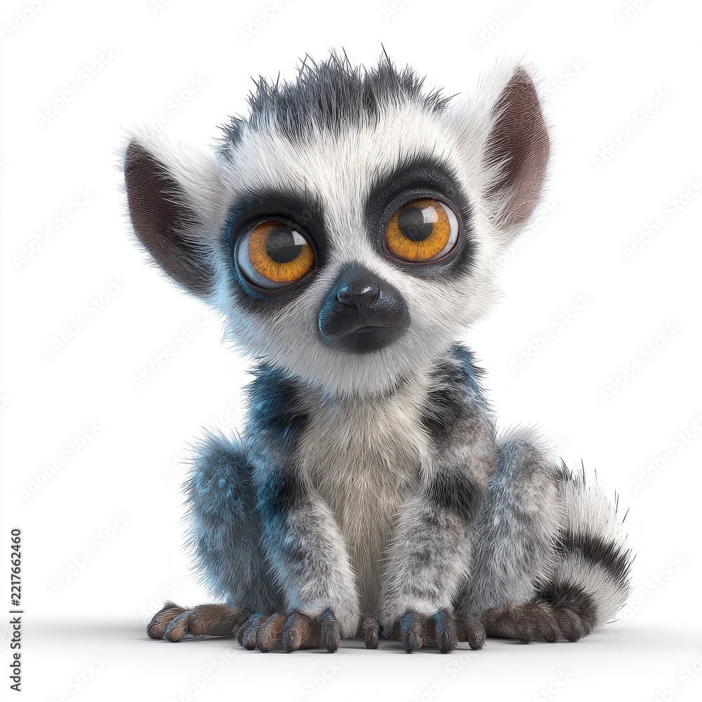 Fototapeta premium Cute Cartoon Style Baby Lemur With Large Orange Eyes Isolated On A Crisp White Studio Background