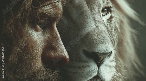 Majestic lion’s face displaying a powerful gaze, showcasing creamy beige and golden tones, representing strength and wildness