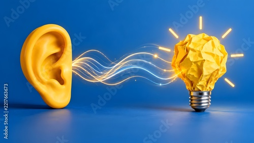 Conceptual representation of active listening leading to creative inspiration with a yellow ear model connected to a glowing crumpled paper lightbulb via energy waves on a blue background