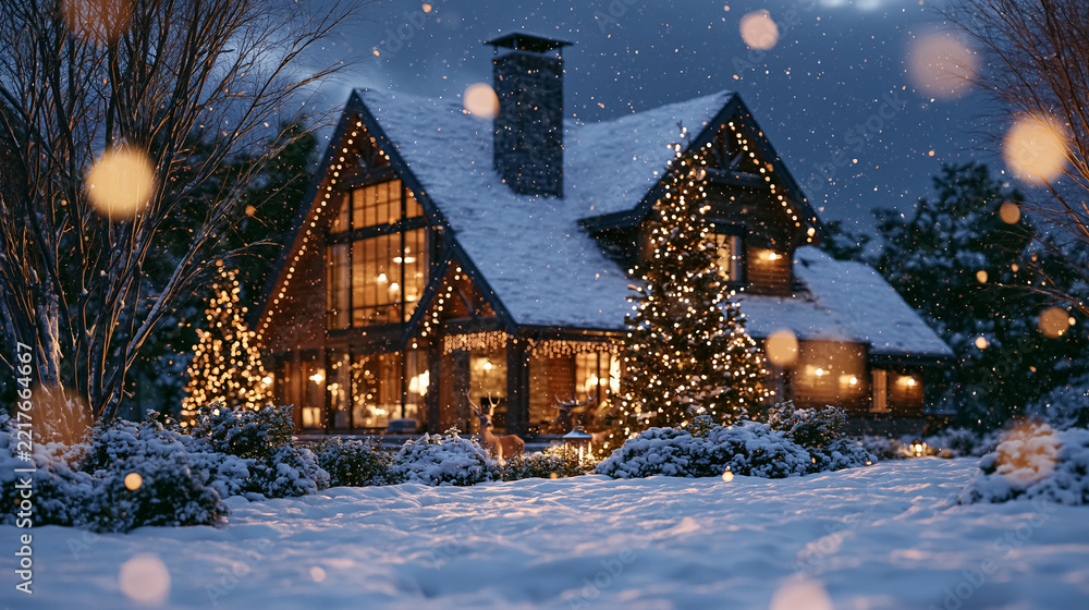 Fototapeta premium Winter house decorated with glowing string lights and a christmas tree, snow covering the roof and ground, creating a festive scene