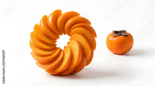A vibrant still life showcasing a beautifully sliced persimmon arranged in a circular pattern alongside its whole counterpart evoking a sense of autumnal abundance and