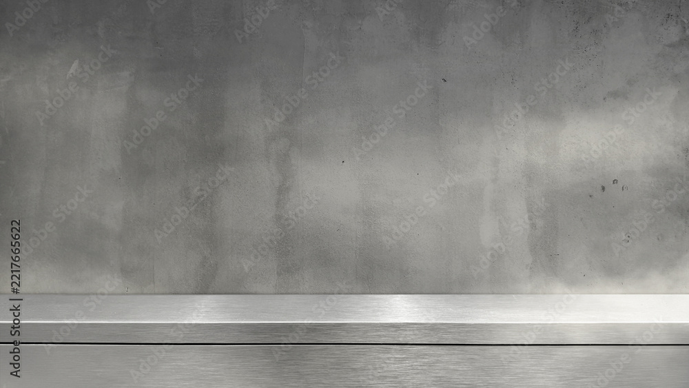 Fototapeta premium Empty brushed stainless steel metal shelf tabletop product display studio counter podium with dark grey rustic concrete cement wall texture background mockup presentation template copy space.