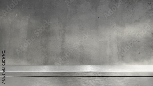 Empty brushed stainless steel metal shelf tabletop product display studio counter podium with dark grey rustic concrete cement wall texture background mockup presentation template copy space.