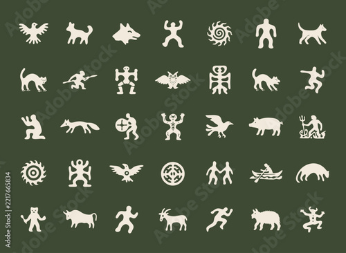 Mythic Folk Pictograph Icon Pack, Ancient Petroglyph Style Vector Elements