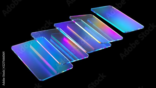 Iridescent glass plates arranged diagonally on black