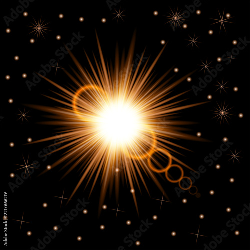 Golden Lens Flare Burst with Sparkling Light Effects on Black Background