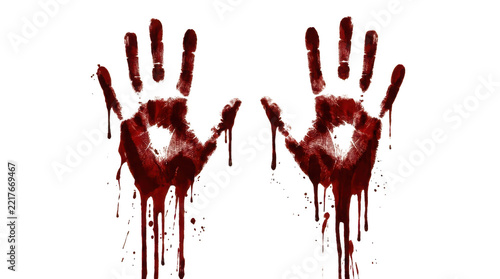 Two bloody hand prints with dripping red paint isolated on a white background