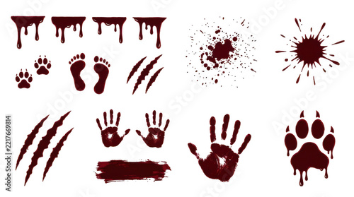 Set of red blood splatters and gore stains including hand prints, animal paw marks and scratch lines isolated on a plain background for horror and crime scene design elements