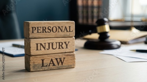 Personal injury law concept with wooden blocks and a gavel