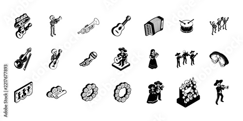 Day of the Dead Musicians and Mariachi Cultural Icon Collection with Mexican Folk Music, Traditional Instruments and Festival Symbols