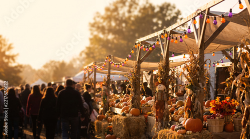Crowd browsing autumn harvest market stalls with corn stalks, pumpkins and hay bales at sunset