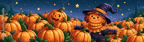 Scarecrow stands among orange pumpkins under a starry night sky
