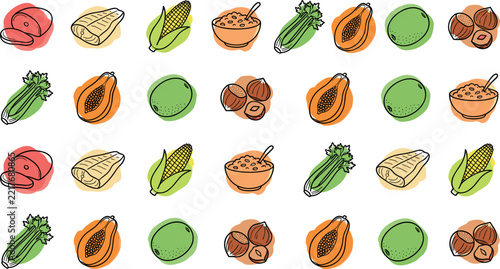Healthy Food And Nutrition Doodle Icon Set Featuring Vegetables Fruits Meat Fish Cereal Grains And Nuts Vector Illustration
