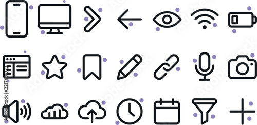 Modern UI Line Icon Set Featuring Smartphone Computer Arrow Eye Wifi Battery Calendar Cloud And Multimedia Interface Symbols