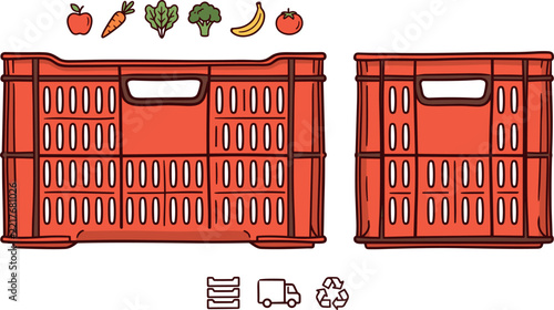 Plastic Harvest Crates For Agricultural Fresh Fruits And Vegetables Storage Logistics Delivery And Recycling Concept Vector Illustration