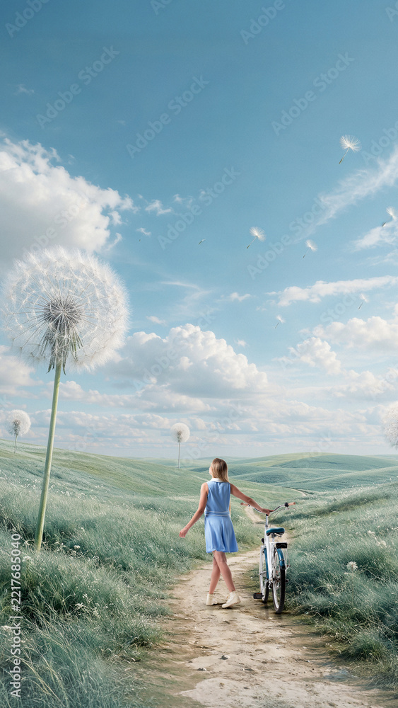 Naklejka premium Young traveler standing with bicycle beneath giant dandelions in surreal meadow with contemplative poise. Wellbeing brands, nature tourism, creative publishing concept.