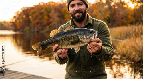 Man holding a bass fish caught during autumn lake fishing  