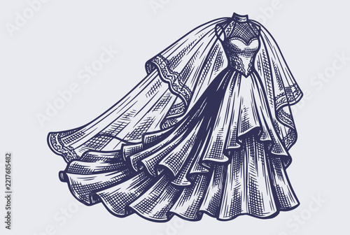 Vintage bridal wedding dress with long veil illustration. Layered gown with lace trim. Detailed linework engraving isolated on plain background