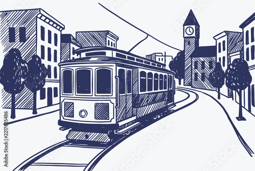 Vintage streetcar on city tracks illustration. Historical urban trolley car with buildings and clock tower. Retro public transport scene in sketch style