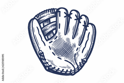 Vintage baseball glove illustration. Classic leather sports mitt equipment. Hand drawn retro engraving isolated on white background