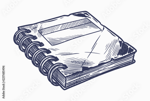 Vintage spiral bound memo pad notebook for notes. Hand drawn retro office notepad sketch isolated on white background