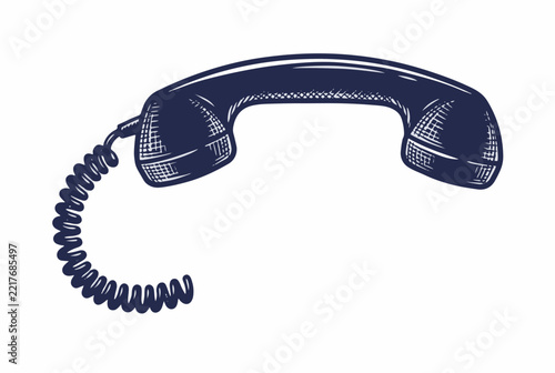Vintage rotary telephone handset with coiled cord. Retro landline phone receiver engraving isolated on white background
