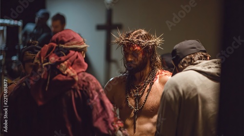 Man wearing a crown of thorns stands with a sorrowful expression, surrounded by figures, portraying religious suffering and sacrifice