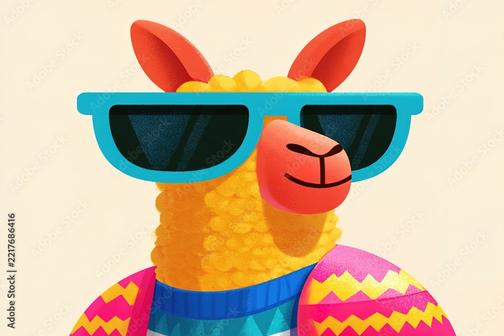 Fototapeta premium Llama wearing sunglasses and colorful sweater smiles at the viewer