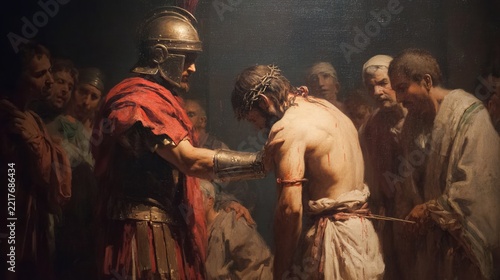 Historic depiction shows a Roman soldier placing a crown upon a man, representing a somber scene of ancient injustice and faith