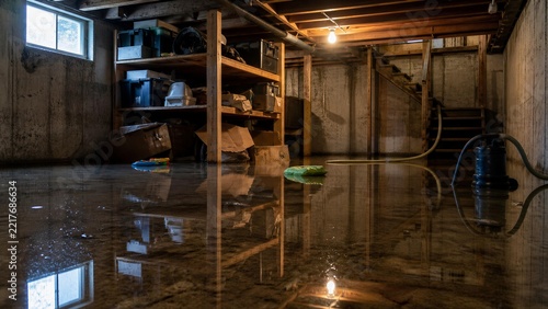 Flooded basement storage shows extent of severe household water damage
