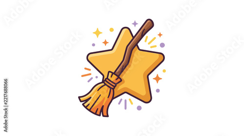 Magical witch broomstick flying across bright golden star vector graphic illustration for fantasy design projects
