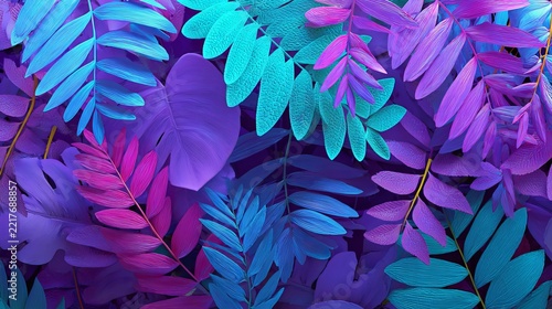 Vibrant foliage arrangement presents lush tropical leaves with captivating neon hues against a dark background, concept for modern design