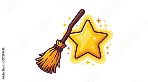Magic witch broomstick floating next to glowing yellow star vector illustration with sparkling little lights