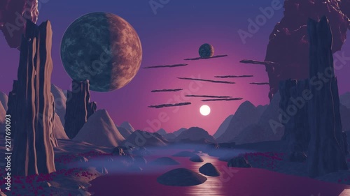 Futuristic fantasy landscape, sci-fi with planets able to loop endless 4k